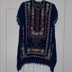 Johnny Was Blue and Red Embellished Short Sleeve Blouse